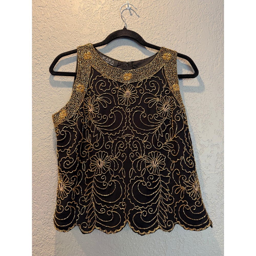 JKara New York Black Gold Beaded Sleeveless Tank Top‎ Blouse Women's PL